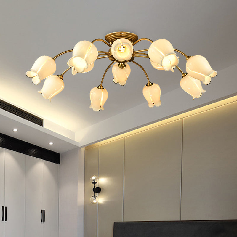 Traditional White Glass Semi-Flush Petal Ceiling Light with 12 Lights