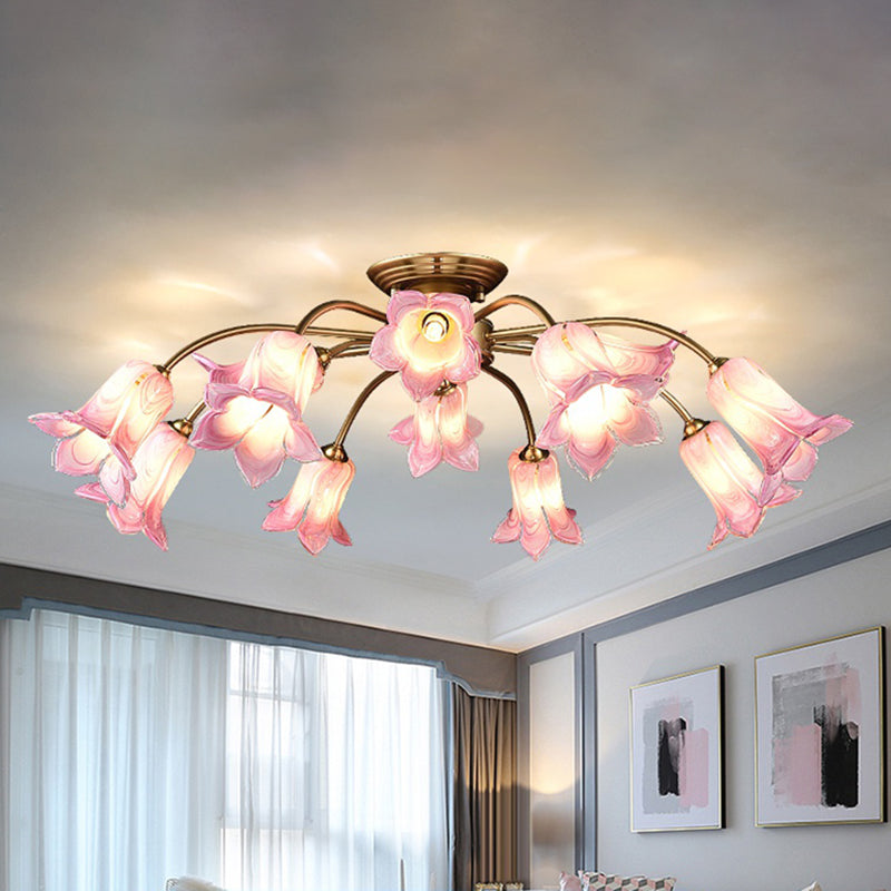 Semi Flush Mount Minimalism Blossom Ceiling Lamp with 12 White/Purple Glass Lights for Bedroom