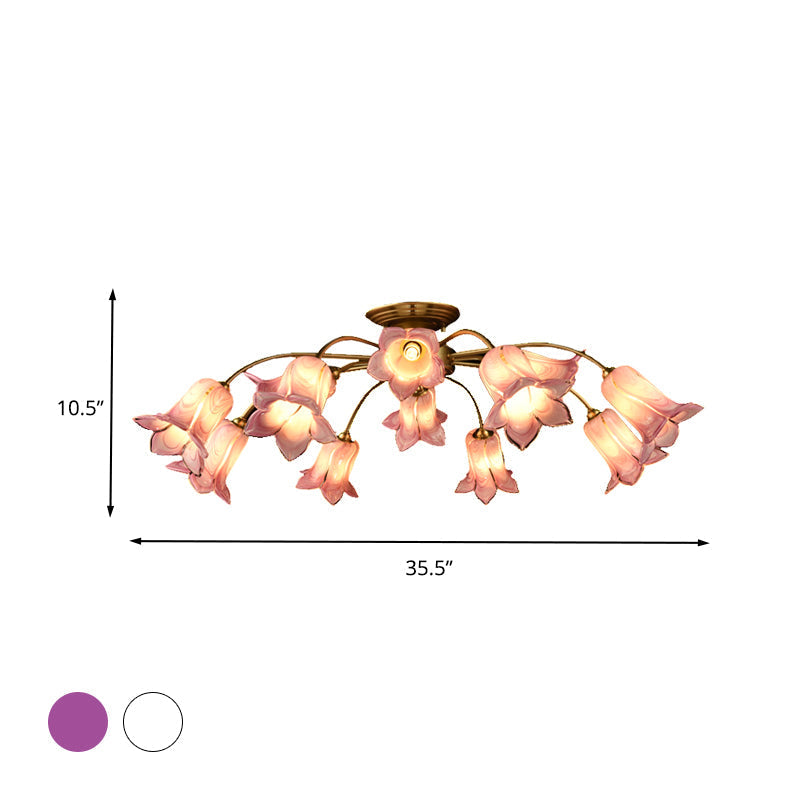 Semi Flush Mount Minimalism Blossom Ceiling Lamp with 12 White/Purple Glass Lights for Bedroom