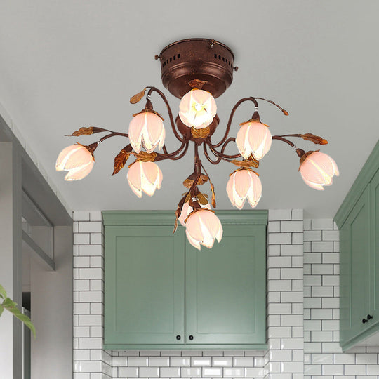 Countryside Rust Ceiling Light with 9 Semi Flush Bedroom Lights and Flower Pink Glass Shade