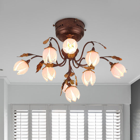 Countryside Rust Ceiling Light with 9 Semi Flush Bedroom Lights and Flower Pink Glass Shade