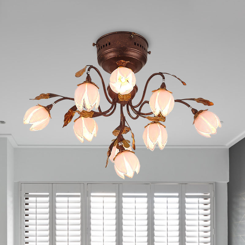 Rustic Pink Glass Ceiling Light With 9 Semi-Flush Mounts - Perfect For Bedroom And Countryside