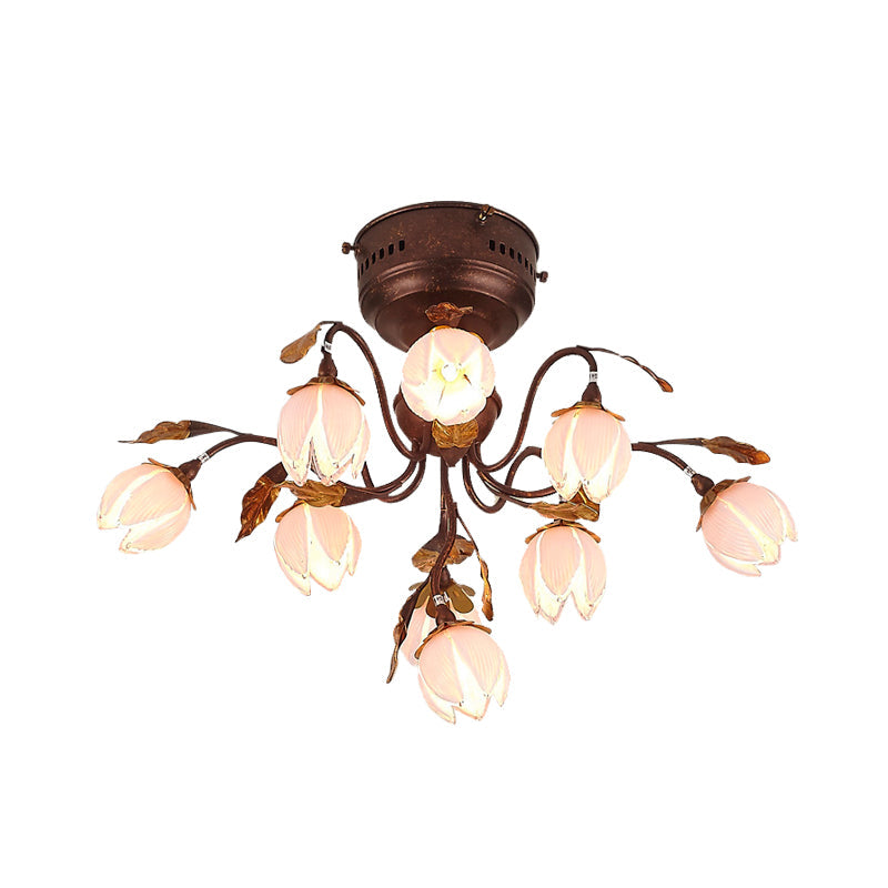 Countryside Rust Ceiling Light with 9 Semi Flush Bedroom Lights and Flower Pink Glass Shade