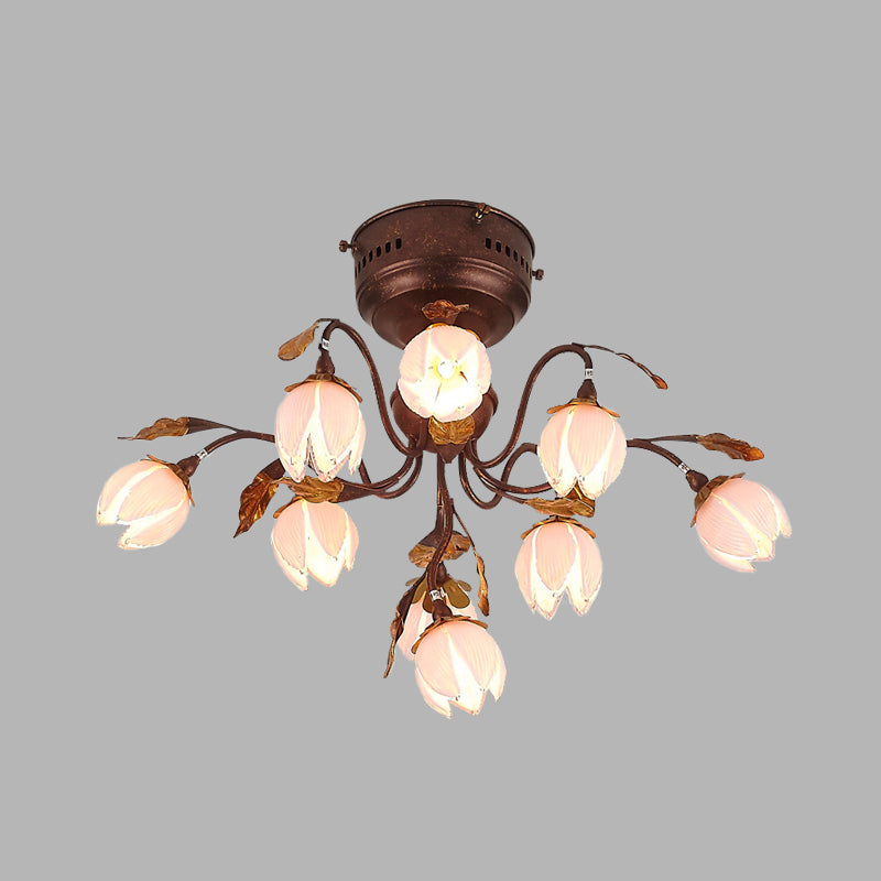 Countryside Rust Ceiling Light with 9 Semi Flush Bedroom Lights and Flower Pink Glass Shade