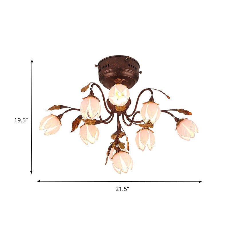 Countryside Rust Ceiling Light with 9 Semi Flush Bedroom Lights and Flower Pink Glass Shade