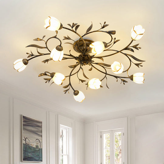 Rustic Brass Blossom Opal Glass Semi-Flush Mount Ceiling Light for Dining Room