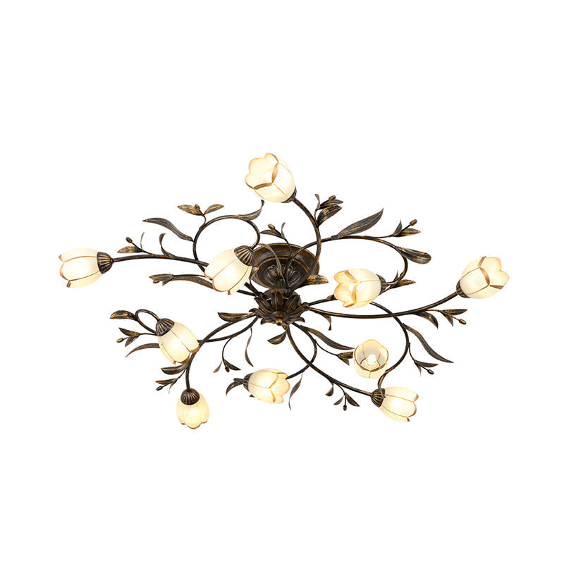 Rustic Brass Blossom Opal Glass Semi-Flush Mount Ceiling Light for Dining Room