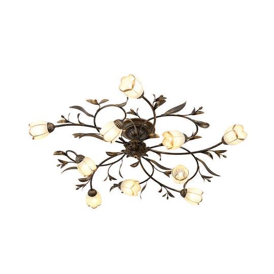 Rustic Brass Blossom Opal Glass Semi-Flush Mount Ceiling Light for Dining Room