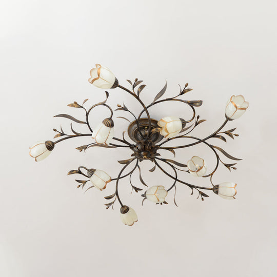 Rustic Brass Blossom Opal Glass Semi-Flush Mount Ceiling Light for Dining Room