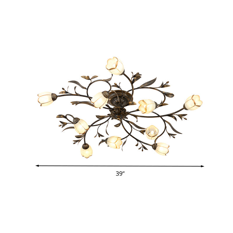 Rustic Brass Blossom Opal Glass Semi-Flush Mount Ceiling Light for Dining Room