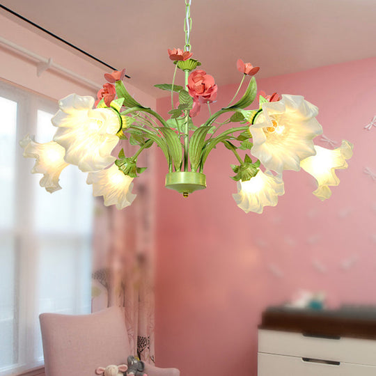 Traditional 6-Head Green Glass Chandelier For Bedroom - Cream Flower Pendant Lighting