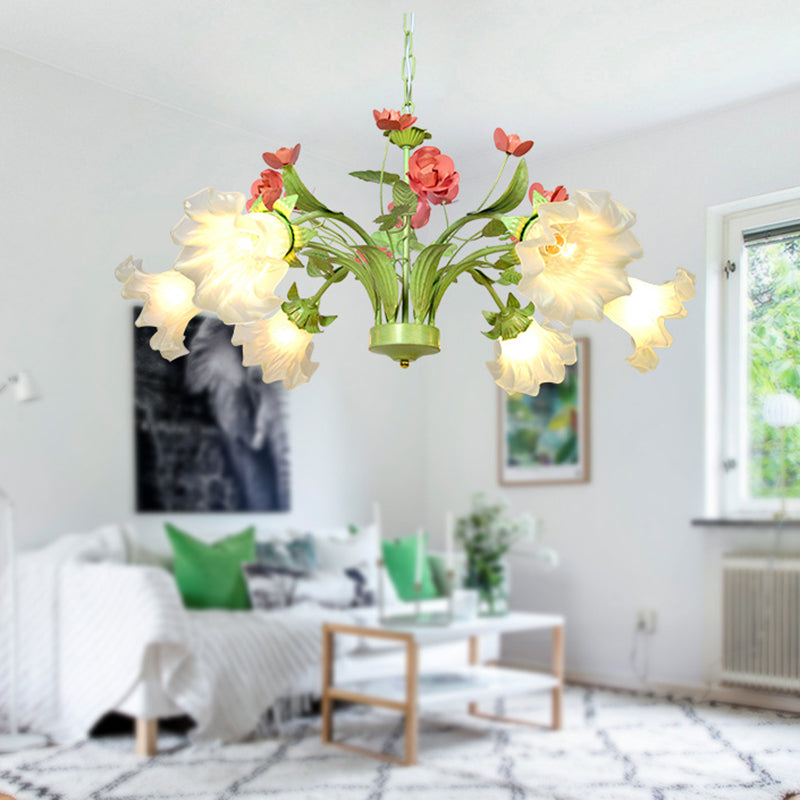 Traditional 6-Head Green Glass Chandelier For Bedroom - Cream Flower Pendant Lighting