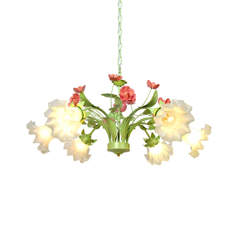 Traditional 6-Head Green Glass Chandelier For Bedroom - Cream Flower Pendant Lighting