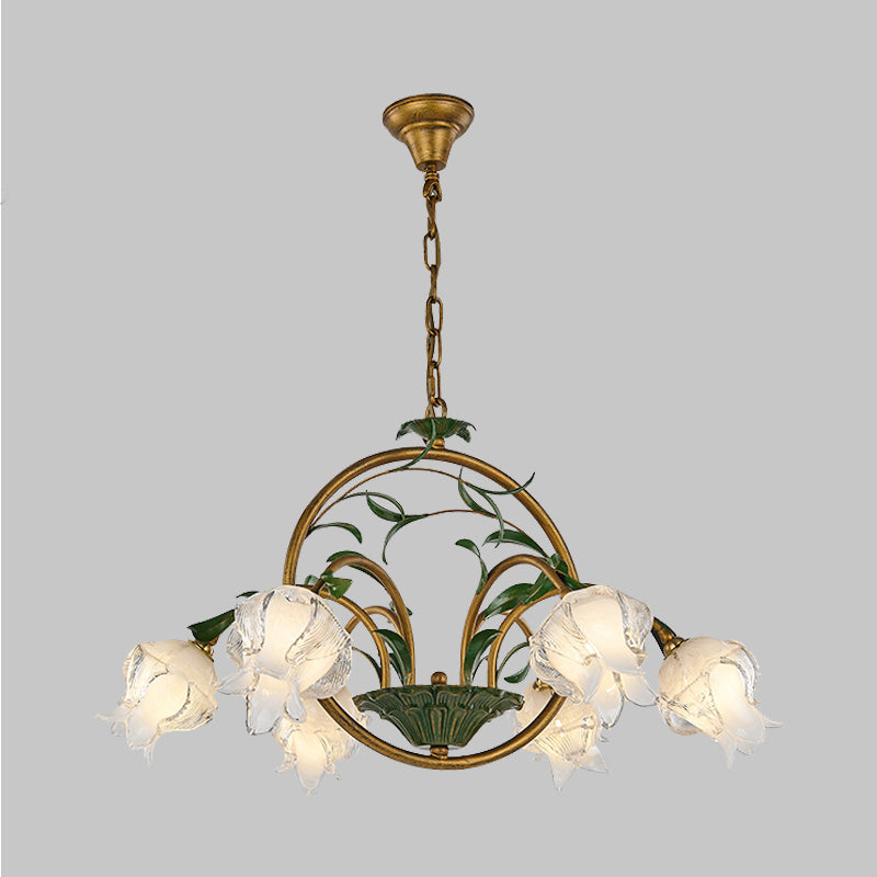 Traditional Floral Ceiling Chandelier - White/Yellow/Purple Glass 6 Hanging Light Heads