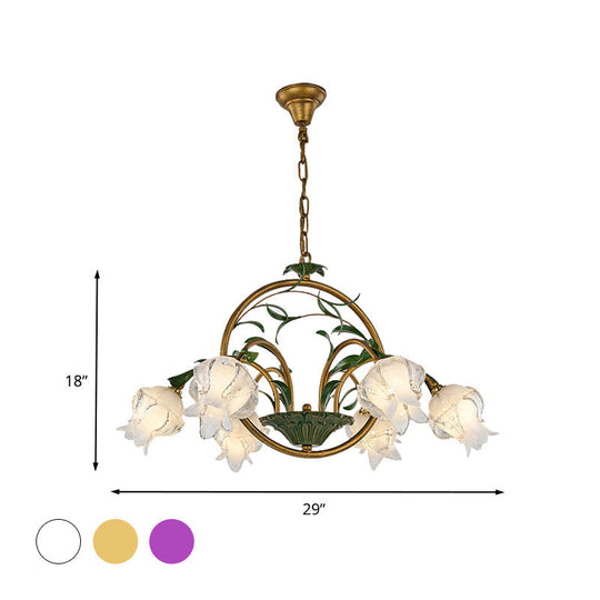 Traditional Floral Ceiling Chandelier - White/Yellow/Purple Glass 6 Hanging Light Heads