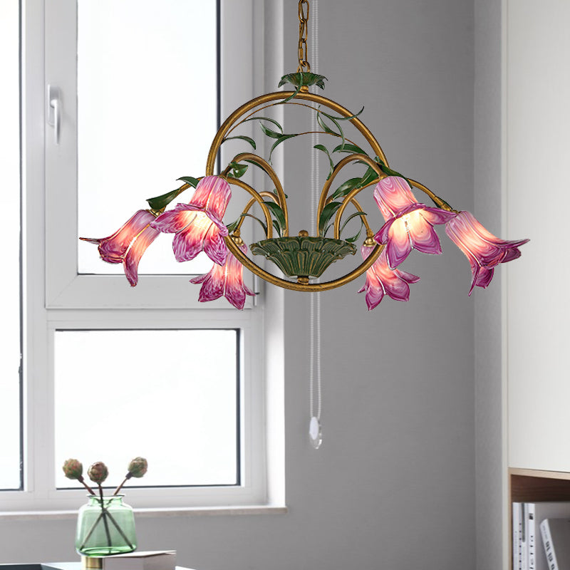 Traditional Floral Ceiling Chandelier - White/Yellow/Purple Glass 6 Hanging Light Heads