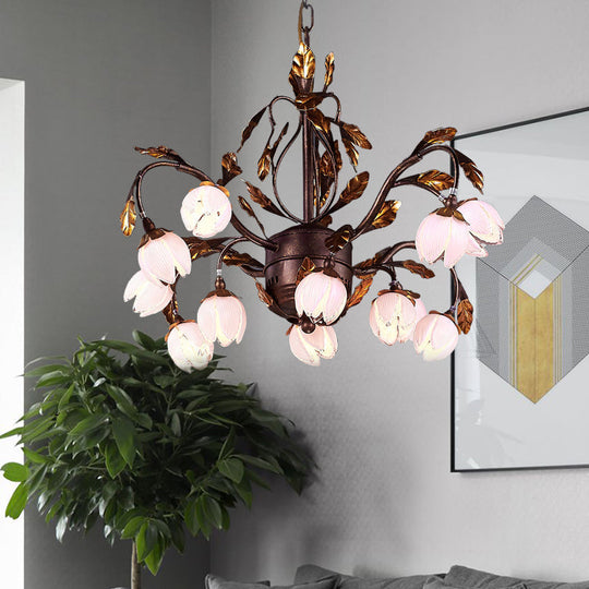 Country Style Purple Glass Blossom Chandelier - 12 Heads Pendant Light Fixture Brown Ideal For