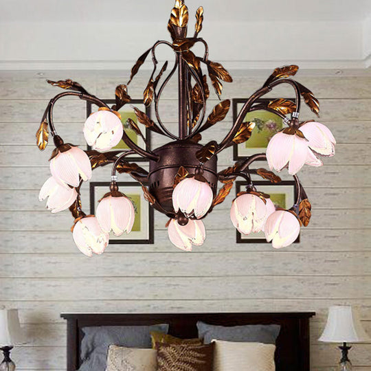 Country Style Purple Glass Blossom Chandelier - 12 Heads Pendant Light Fixture Brown Ideal For