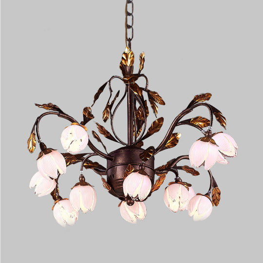 Country Style Purple Glass Blossom Chandelier - 12 Heads Pendant Light Fixture Brown Ideal For