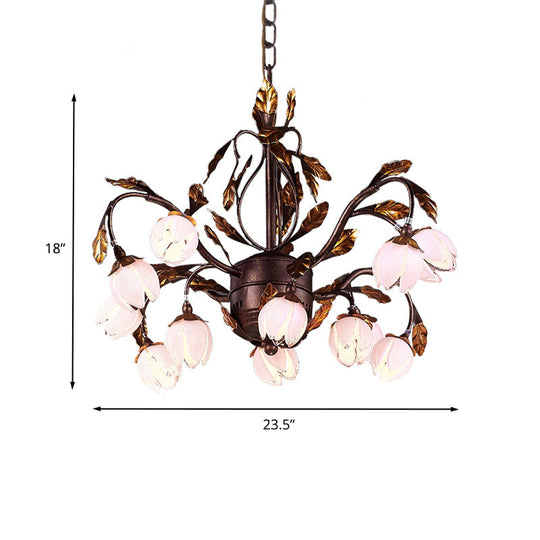 Country Style Purple Glass Blossom Chandelier - 12 Heads Pendant Light Fixture Brown Ideal For