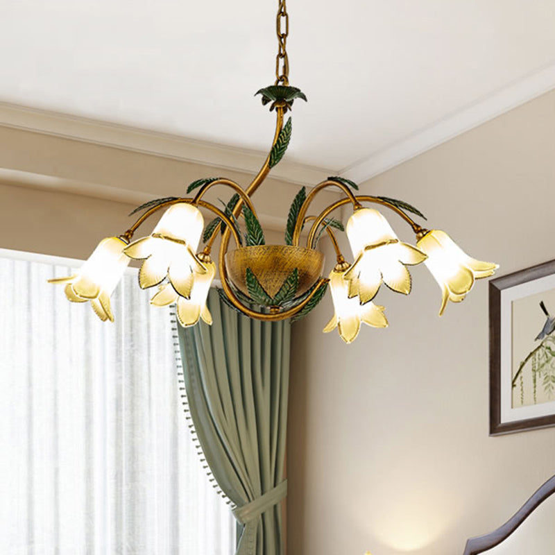 Vintage Brass Chandelier With 6 Glass Bloom Pendant Lights For Bedroom