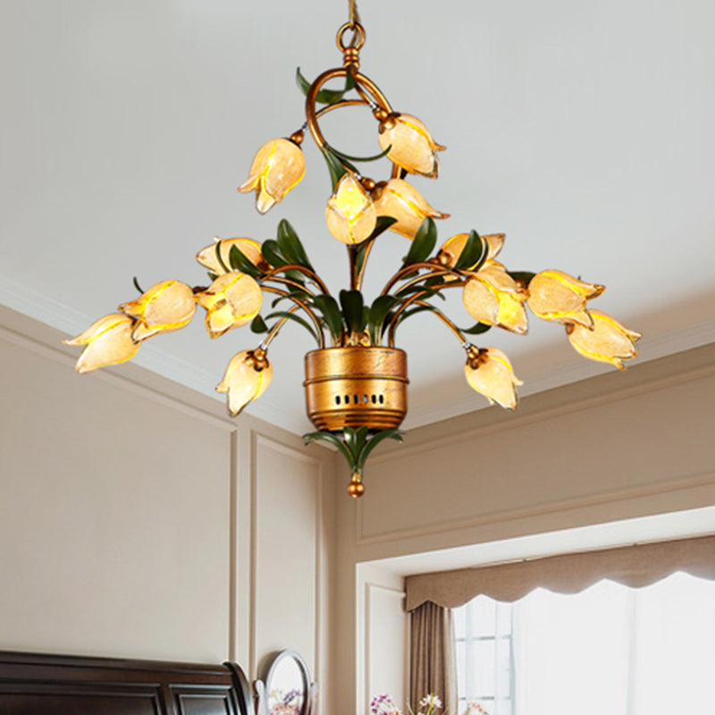 Led Hanging Chandelier - Brass Flower Design Frosted Glass Shades 15 Lights For Pastoral Living Room