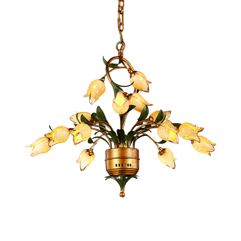 Led Hanging Chandelier - Brass Flower Design Frosted Glass Shades 15 Lights For Pastoral Living Room