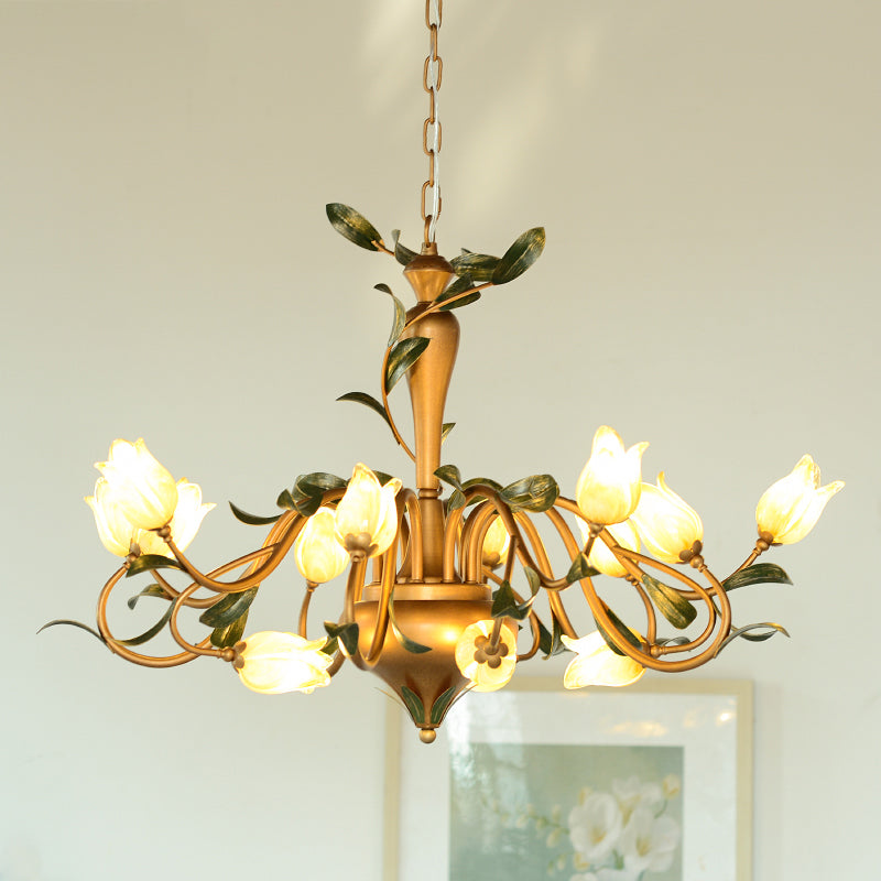 Frosted Glass Brass Chandelier - Floral 15-Light Pendant For Bedroom