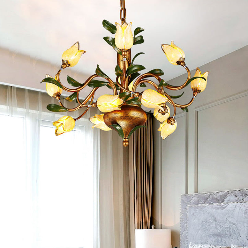 Blossom Chandelier Ceiling Light: Traditional Sandblasted Glass Pendant Fixture (12 Heads) In Brass