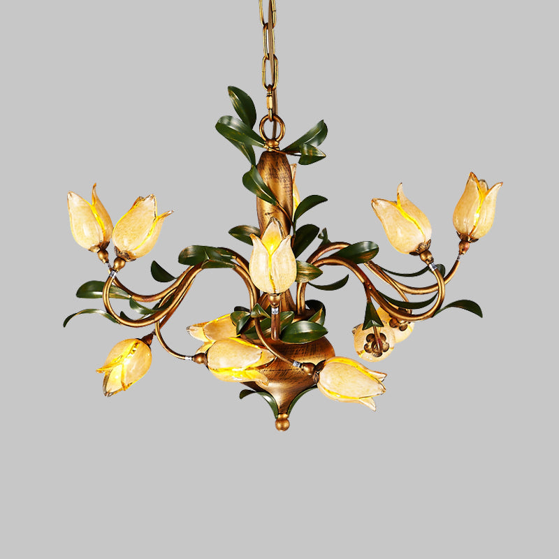 Blossom Chandelier Ceiling Light: Traditional Sandblasted Glass Pendant Fixture (12 Heads) In Brass