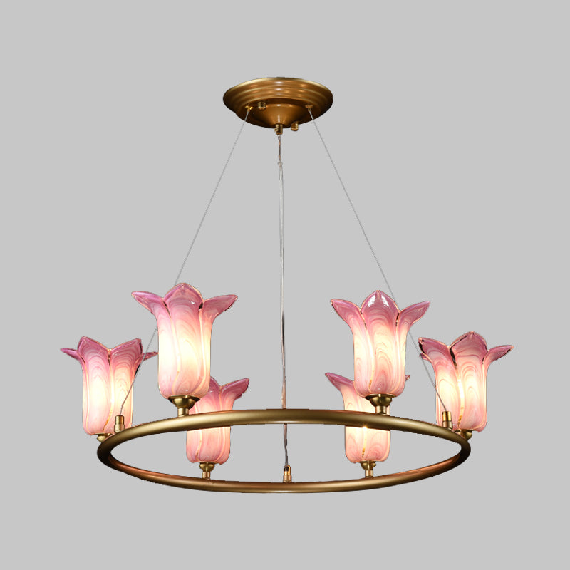 Flared Pendant Lamp - Traditional Purple Glass Led Chandelier For Living Room 6 Bulbs