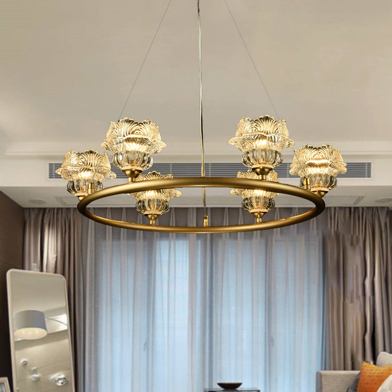 Traditional Sunflower Chandelier Clear Glass Suspension Lamp - 6 Heads Ideal For Living Room