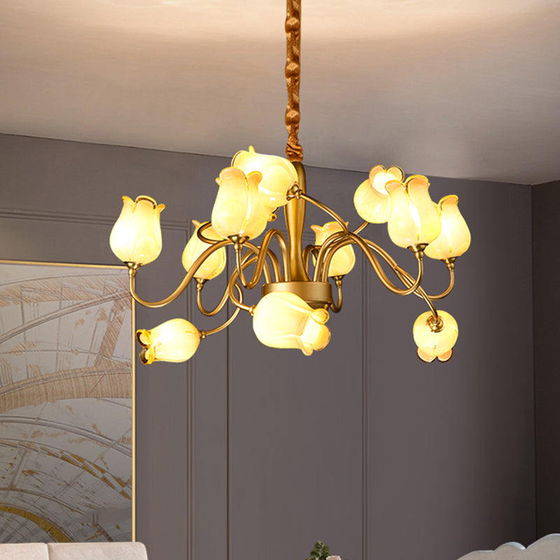 12-Light Countryside Flower Beige Glass Chandelier - Gold Hanging Ceiling Fixture