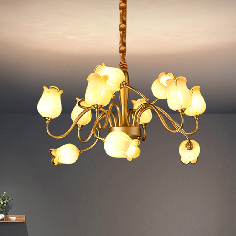 12-Light Countryside Flower Beige Glass Chandelier - Gold Hanging Ceiling Fixture