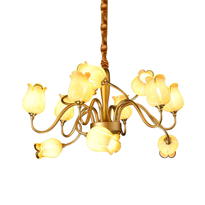 12-Light Countryside Flower Beige Glass Chandelier - Gold Hanging Ceiling Fixture