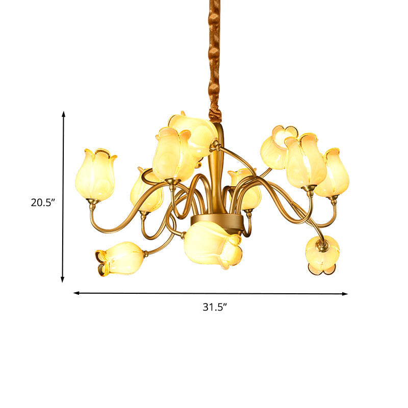 12-Light Countryside Flower Beige Glass Chandelier - Gold Hanging Ceiling Fixture