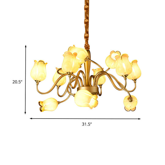 12-Light Countryside Flower Beige Glass Chandelier - Gold Hanging Ceiling Fixture