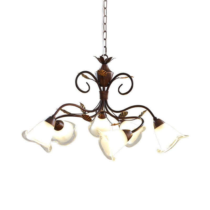 Rustic Brown Bell Opal Glass Shade Chandelier - 6-Light Bedroom Pendant Lighting