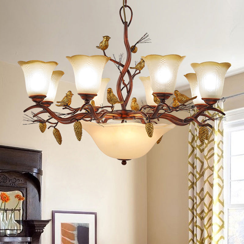 Lodge Bell Living Room Chandelier With Milky Glass Shades - 11 Lights Brown Pendant Lamp