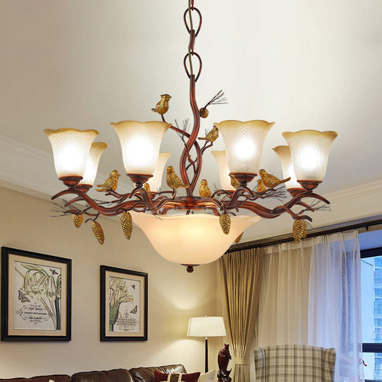 Lodge Bell Living Room Chandelier With Milky Glass Shades - 11 Lights Brown Pendant Lamp