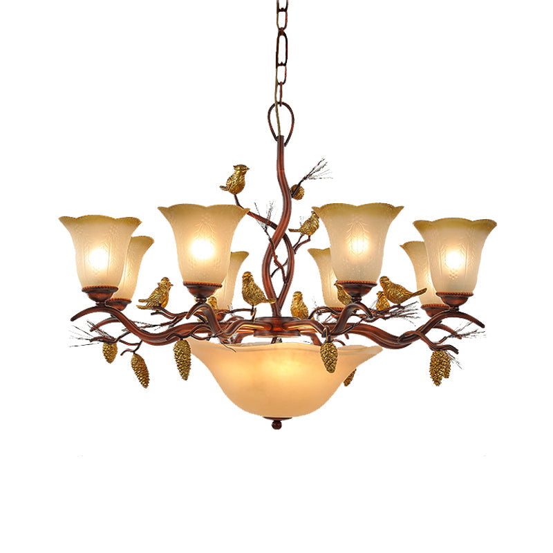 Lodge Bell Living Room Chandelier With Milky Glass Shades - 11 Lights Brown Pendant Lamp