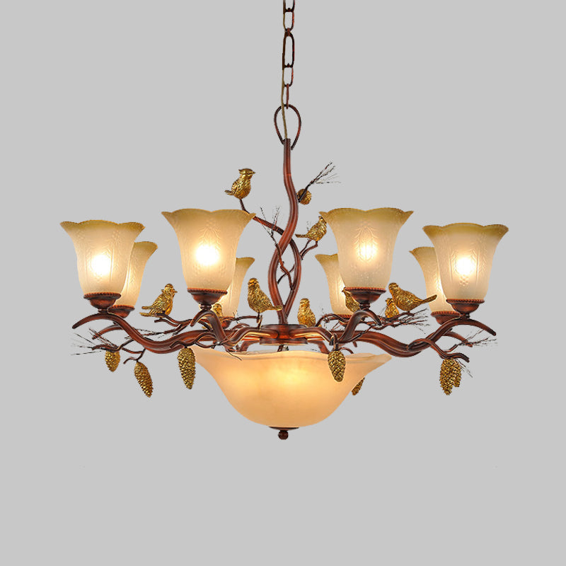 Lodge Bell Living Room Chandelier With Milky Glass Shades - 11 Lights Brown Pendant Lamp