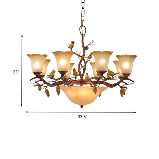 Lodge Bell Living Room Chandelier With Milky Glass Shades - 11 Lights Brown Pendant Lamp