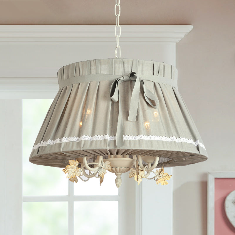 Traditional Fabric Drum Pendant Chandelier - Beige Hanging Light Fixture For Dining Room (4 Lights)