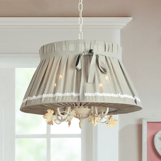 Traditional Fabric Drum Pendant Chandelier - Beige Hanging Light Fixture For Dining Room (4 Lights)