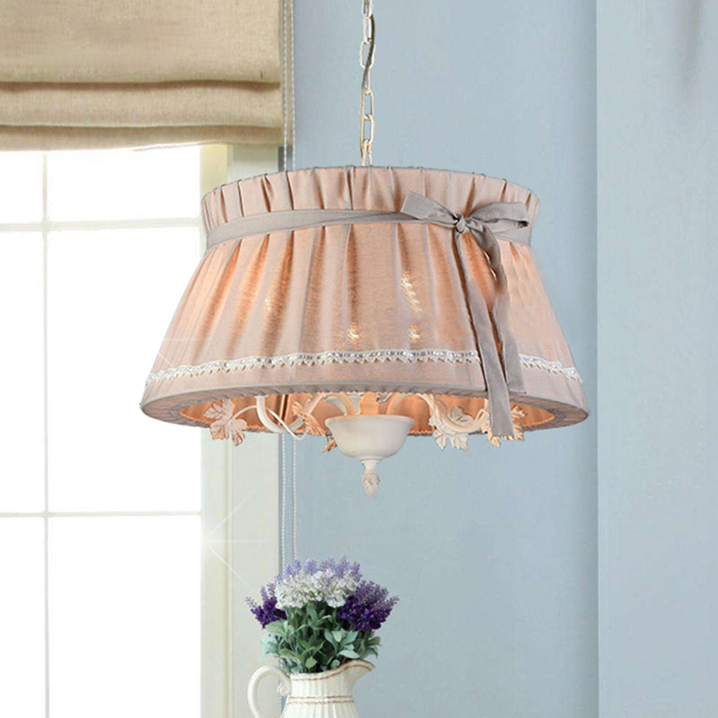 Traditional Fabric Drum Pendant Chandelier - Beige Hanging Light Fixture For Dining Room (4 Lights)