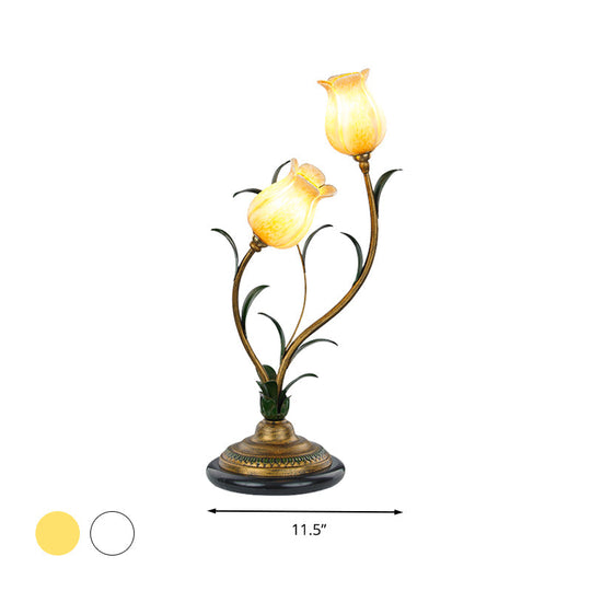 Countryside Blossom Table Lamp: White/Yellow Glass Night Light With Brass Accents For Living Room -