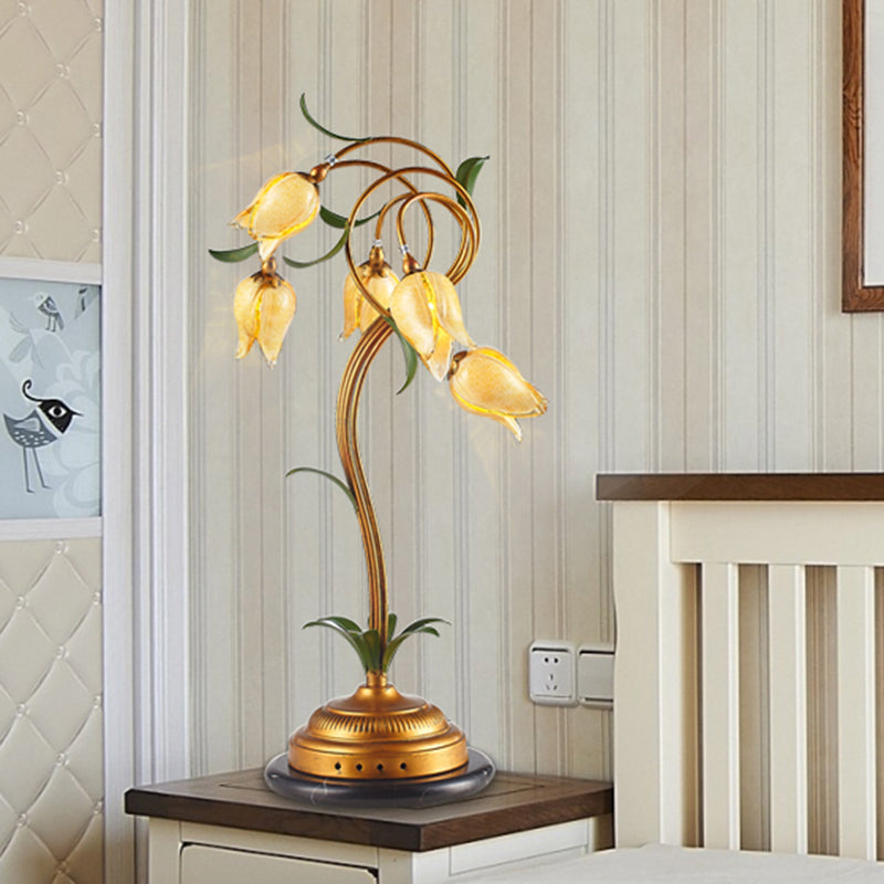 Traditional Tulip Shaped Glass Nightstand Lamp With 5 Lights - Beige & Brass Night Table Light