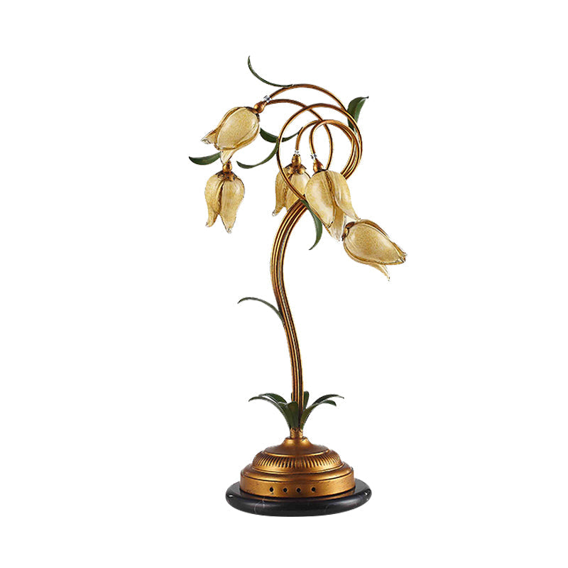 Traditional Tulip Shaped Glass Nightstand Lamp With 5 Lights - Beige & Brass Night Table Light