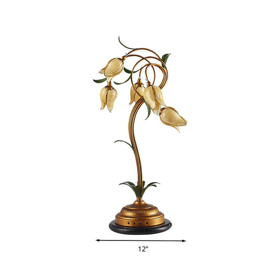 Traditional Tulip Shaped Glass Nightstand Lamp With 5 Lights - Beige & Brass Night Table Light